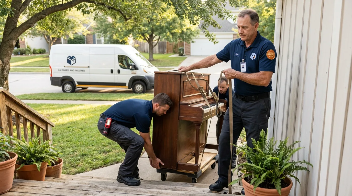 Licensed piano movers securing grand piano in Towson, MD