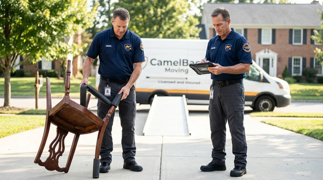 Movers inspecting furniture for damage prevention before loading in Towson, MD