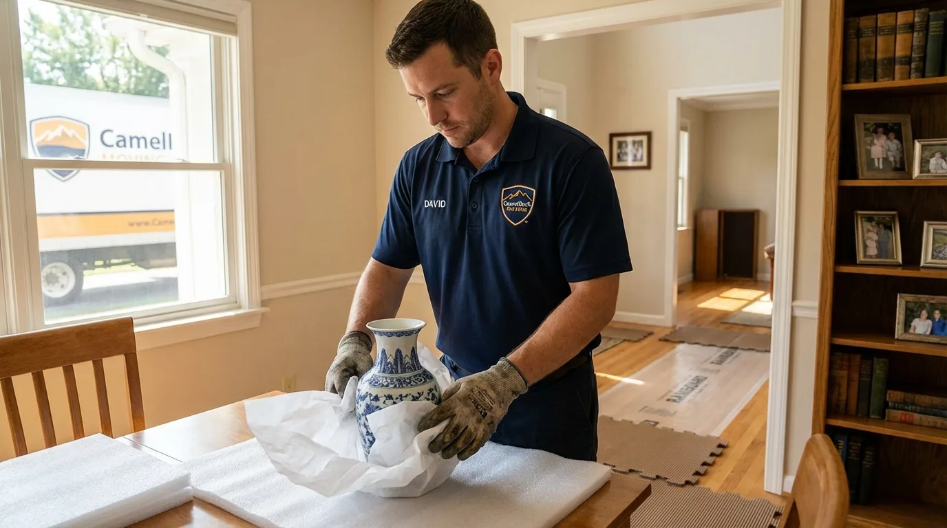 Professional crew carefully wrapping antique vase for senior downsizing move in Towson, MD